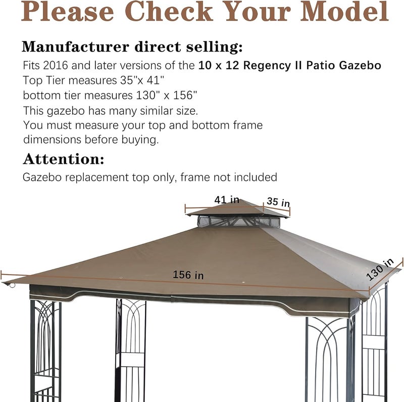 SCOCANOPY Replacement Gazebo Canopy for 10 x 12 Regency II Patio Gazebo Model L-GZ798PST,L-GZ798PST-E,A111014400,A101004104,A101004105 (Khaki) - Image 2